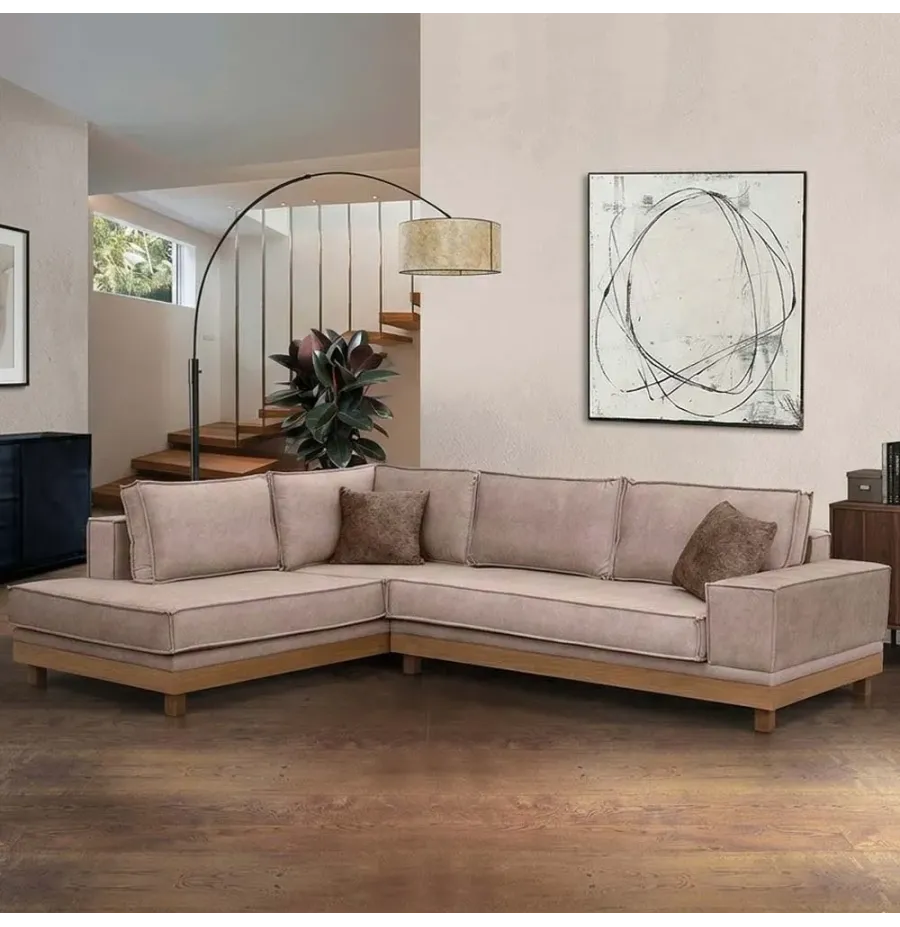 Γωνιακός Καναπές ΚΩΔ 305 με Ξύλινη Μπάζα (260x190cm) - Χρώμα & Διαστάσεις Επιλογής