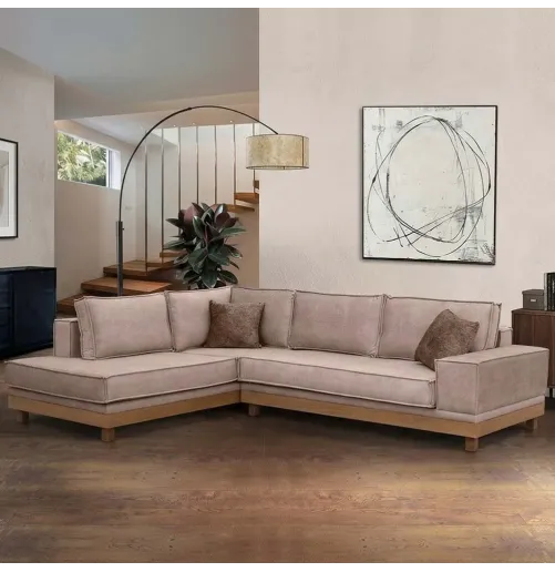 Γωνιακός Καναπές ΚΩΔ 305 με Ξύλινη Μπάζα (260x190cm) - Χρώμα & Διαστάσεις Επιλογής